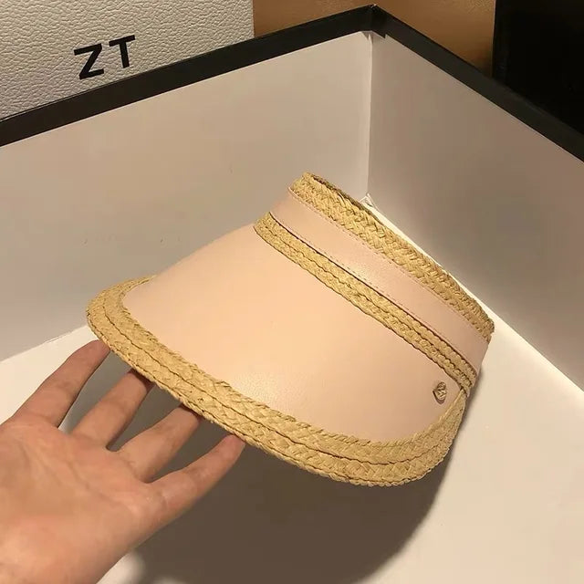 Women's Summer Big Brim Sun Hats PU Leather Raffia Empty Top Hat Ladies Fashion Beach Outdoor Sports Cycling Adjustable Visor