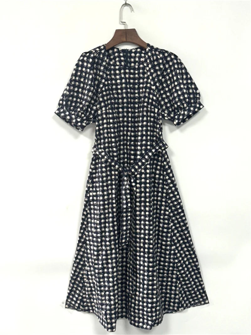 Plaid Printed Women's Lace-Up Loose Mid-Length Dress Round Neck Short Sleeve Ladies Casual Loose Age Reducing Robe