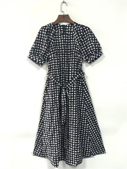 Plaid Printed Women's Lace-Up Loose Mid-Length Dress Round Neck Short Sleeve Ladies Casual Loose Age Reducing Robe