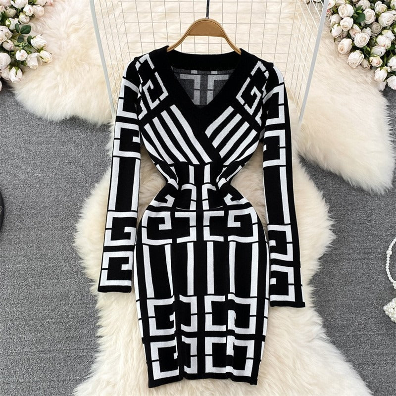 Fancy Women Dress Vintage Knitted Wrap Hips Short Dress Elegant Office Ladies Dresses