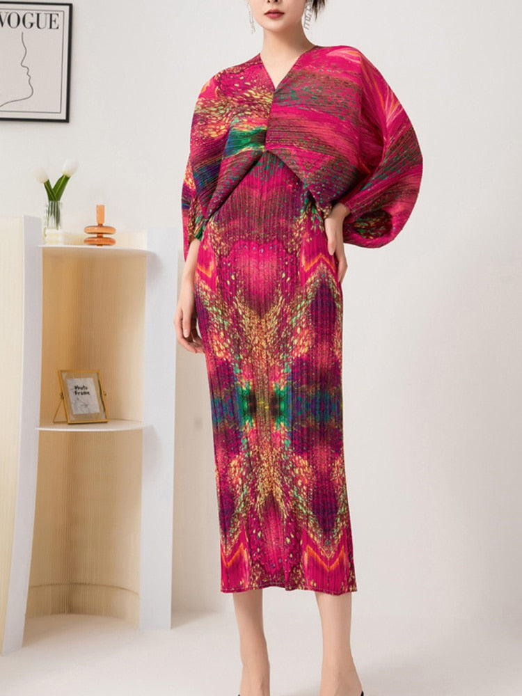 Pleated Print Midi Dress For Women Summer Batwing Sleeves Fashion Festival Clothing Ladies Elegant