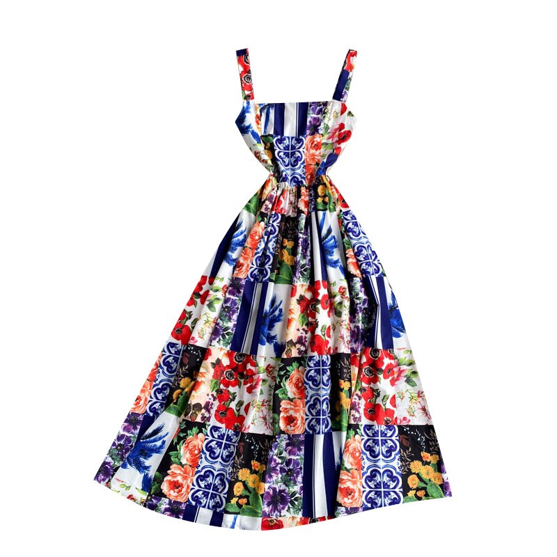 New Summer Retro Floral Print Elegant Women Sleeveless High-waisted Spaghetti Straps Dress Ladies Holiday Party Dresses