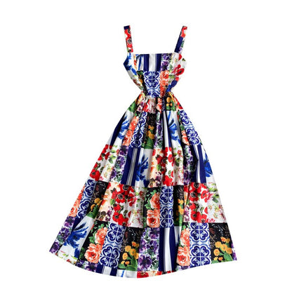 New Summer Retro Floral Print Elegant Women Sleeveless High-waisted Spaghetti Straps Dress Ladies Holiday Party Dresses
