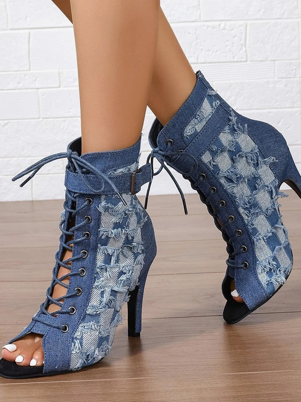 Distressed Denim Lace-Up Peep Toe Ankle Boots