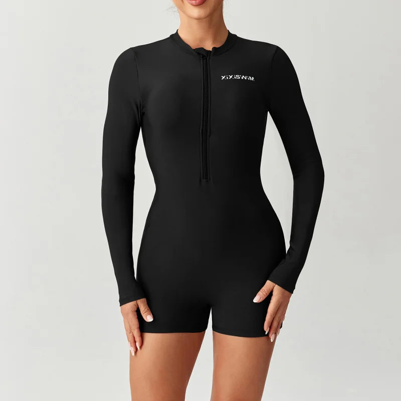 Women's Long Sleeve One-Piece Swimsuit, New Style Square Cut Bikini Bottoms, Conservative Dive Suit Swimwear for Ladies