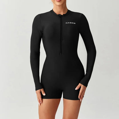 Women's Long Sleeve One-Piece Swimsuit, New Style Square Cut Bikini Bottoms, Conservative Dive Suit Swimwear for Ladies