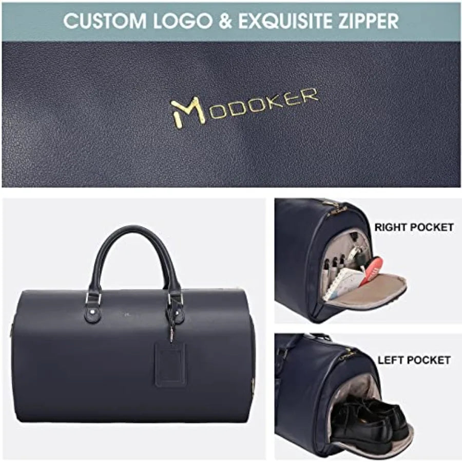 Women Convertible Leather Garment Bag with Shoulder Strap, PU Leather Garment Duffel Bag Carry on 2 in 1 Hanging Suitcase Suit