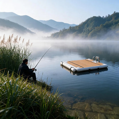 China Raft Drop Stitch Fishing Floating Platform EVA Water Dock Pontoon Leisure Mat Inflatable Floating Dock with Wood Grain EVA
