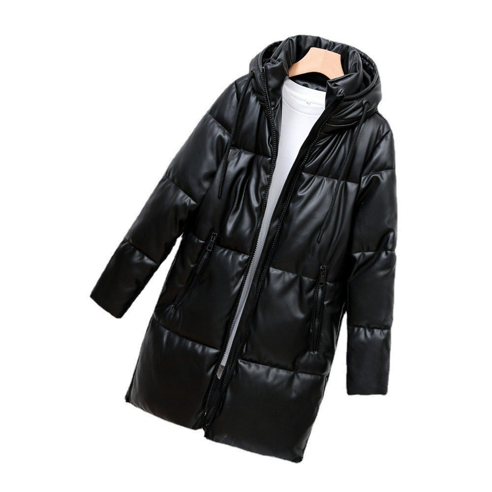Hooded PU Leather Cotton Coat Ladies Mid-Length Leather Jacket Warm Padded Jacket