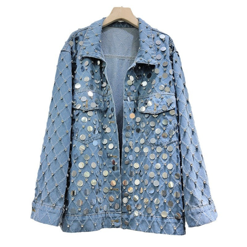 Women's Denim Coat Diamond Shape Rhinestone Sequins Single Breasted Do Old Blue Jackets  Summer New Fashion