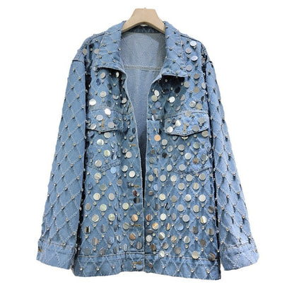 Women's Denim Coat Diamond Shape Rhinestone Sequins Single Breasted Do Old Blue Jackets  Summer New Fashion