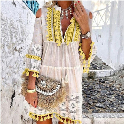 New Women's Fashion Sweet Ladies Dress Long Sleeve Dress Fringe Dress