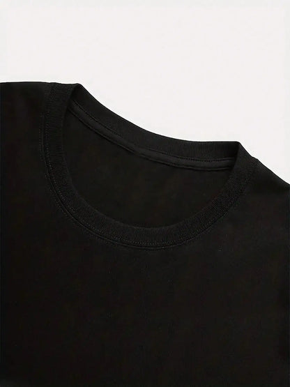 Black Short-Sleeve Crew Neck Graphic Tee with Bold Lettering and Cross Design