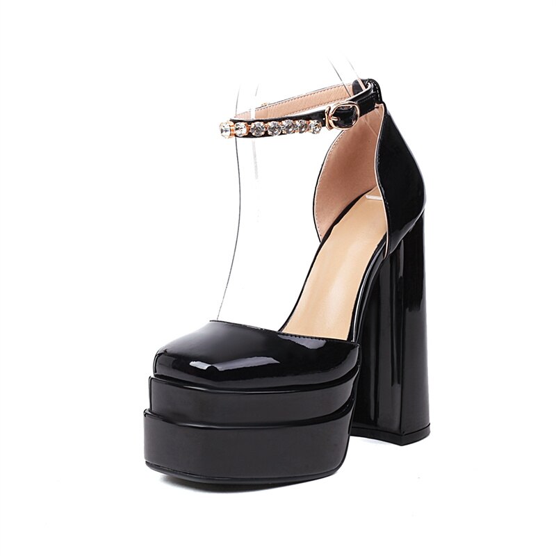 Rhinestone Ankle Strap Super Thick High Heels Platforms Pumps For Women Casual Spring Summer Shallow Party Chunky Shoes Ladies