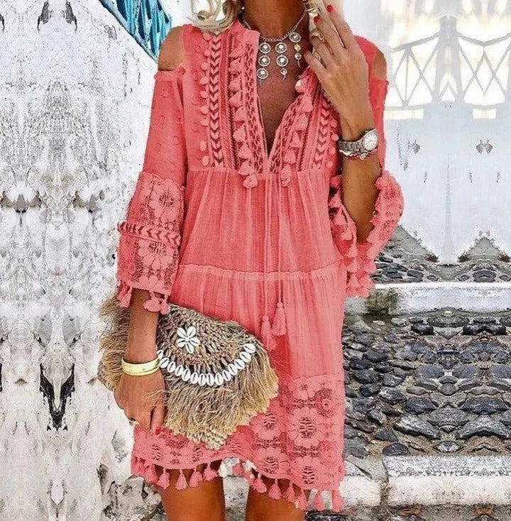 New Women's Fashion Sweet Ladies Dress Long Sleeve Dress Fringe Dress