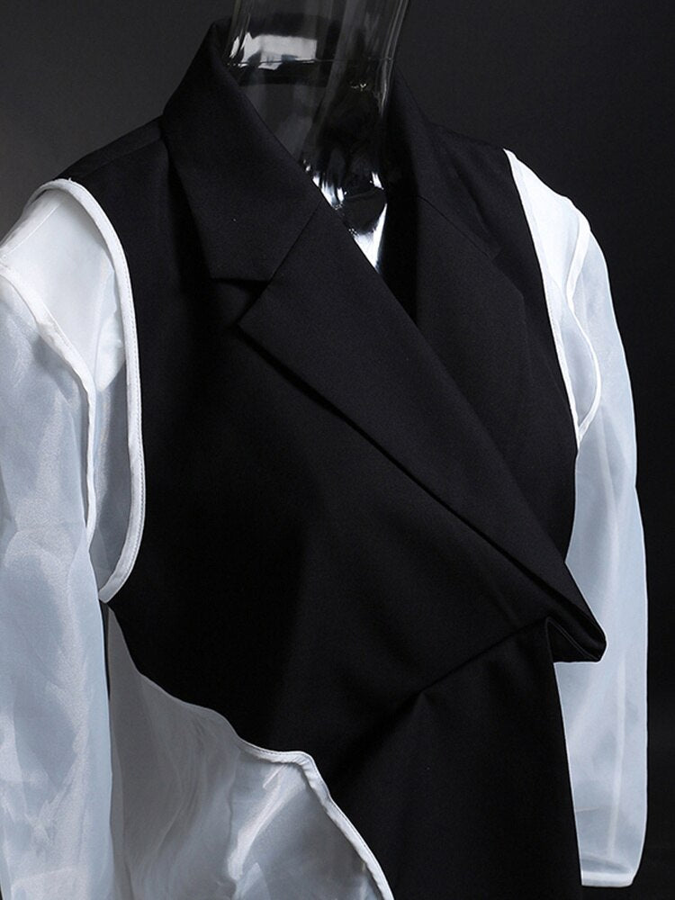 Spring And Summer Open Back Design Irregular Structure Stitching Mesh See-Through Top Coat