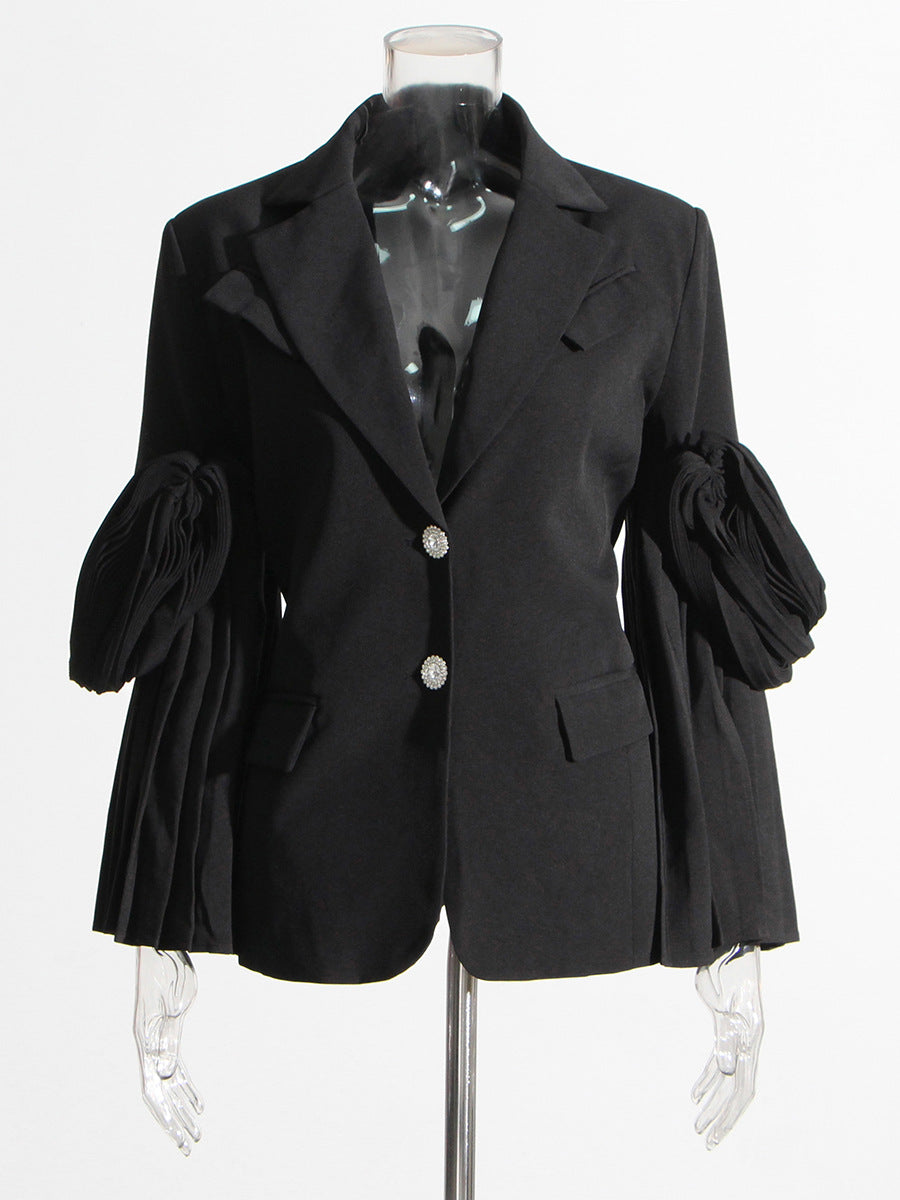 Fashion Women Blazer Notched Collar Long Sleeve Pleated Patchwork Single Breasted Waist Suit Jackets Summer