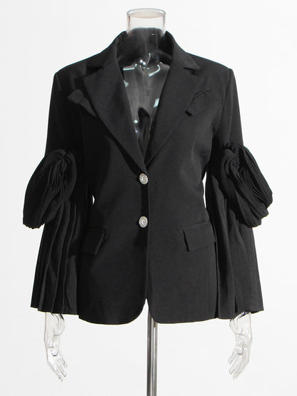 Fashion Women Blazer Notched Collar Long Sleeve Pleated Patchwork Single Breasted Waist Suit Jackets Summer