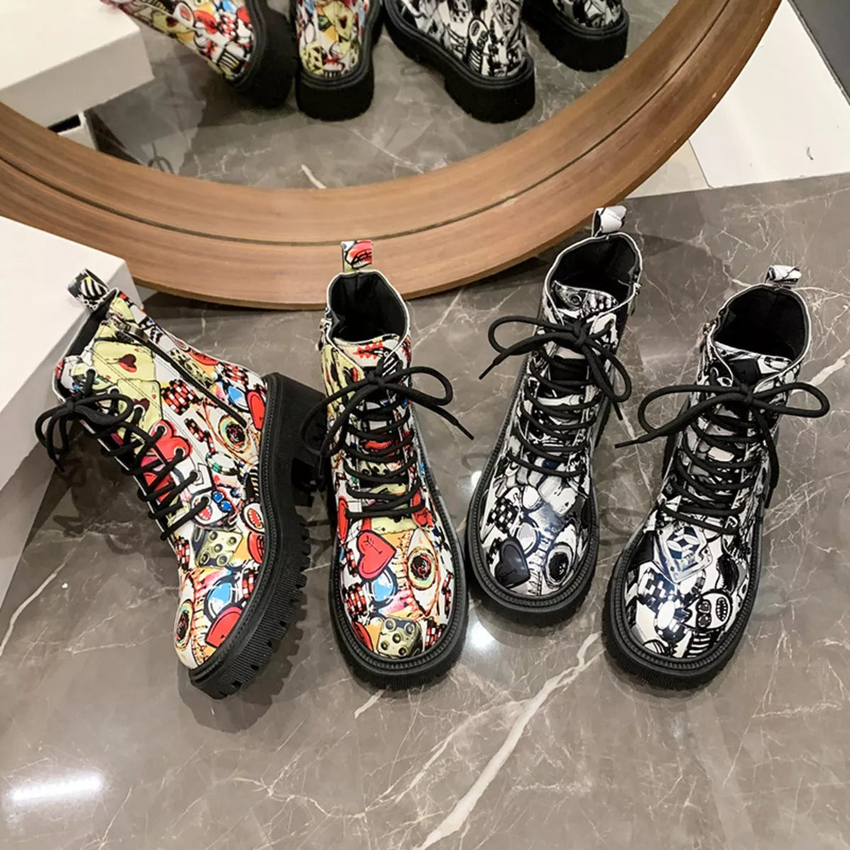 Graffiti Print Combat Boots : Colorful Street Art Design