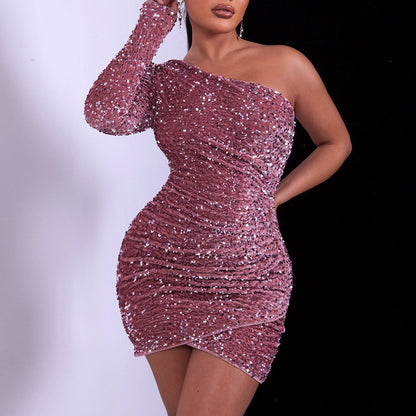 New Sexy One-Shoulder Sequin Dress High-End Solid Color Evening Dress Tight Ladies Bag Hip Skirt
