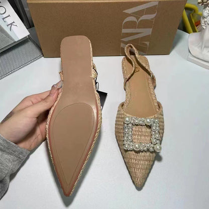 Flat Shoes Pearl Espadrilles for women Casual Slingback Rhinestone Shoes Woman Spring Summer Ladies Low heel Shoes