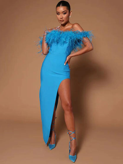 Ladies Blue Off The Shoulder Celebrity Evening Feather Bandage Long Dress Women Sexy Strapless Split Open Leg Club Party Dresses