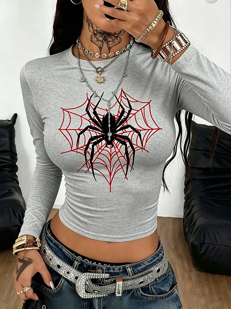 American Spider Red Spider Web Print Long-Sleeved T-Shirt for Women - Round Neck Tight Short Sleeve Low-Waist Stretch T-Shirt
