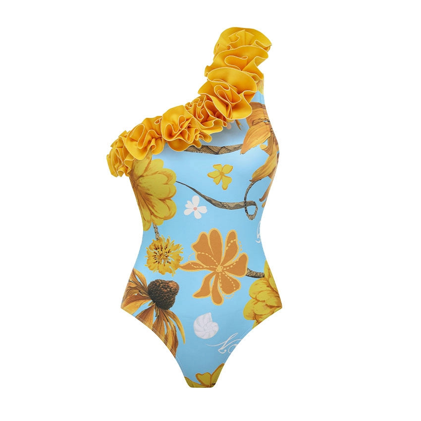 Fresh Blue Base Sunflower One-Shoulder One-Piece Swimwear Women's Two-Piece Set, 3D Ruffle Trim Vacation Swimwear for Women