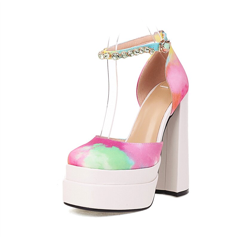 Rhinestone Ankle Strap Super Thick High Heels Platforms Pumps For Women Casual Spring Summer Shallow Party Chunky Shoes Ladies