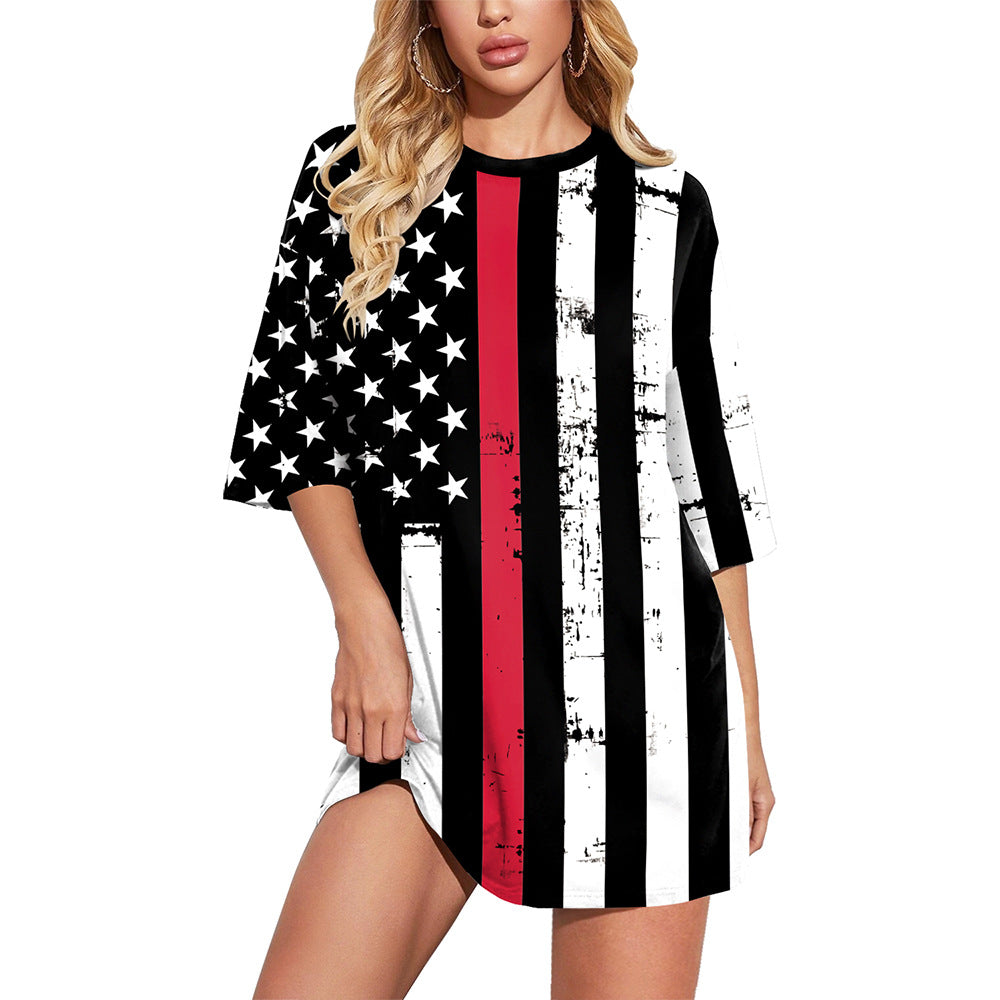 Summer New Women's Independence Day Ladies Long T-Shirt Digital Printing T-Shirt Plus Size Loose Blouse