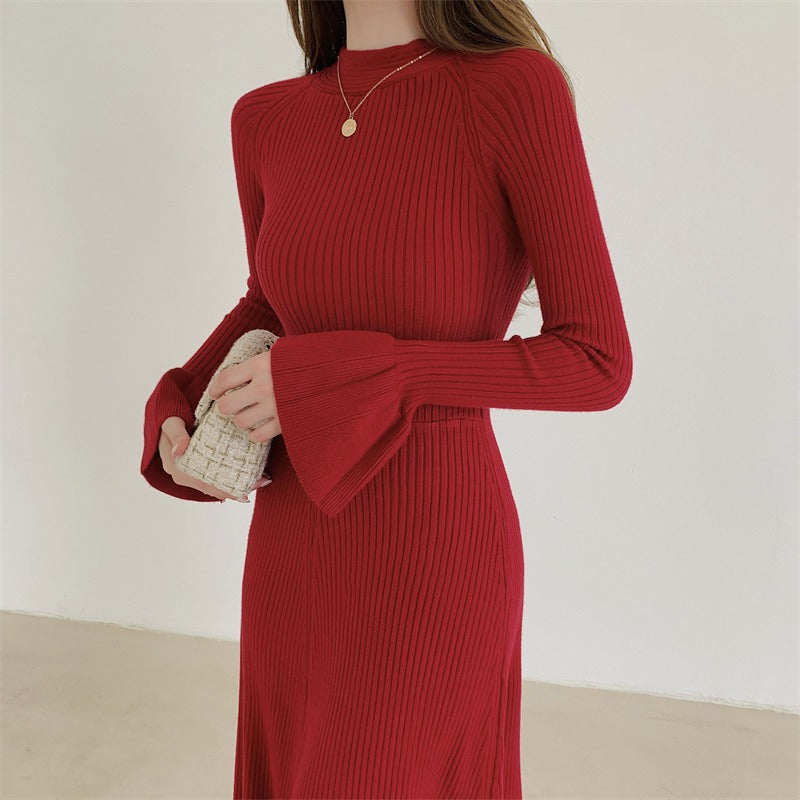 Knitted Sweater Dress Ladies Flare Long Sleeve Front And Back Two Wear Midi Dress