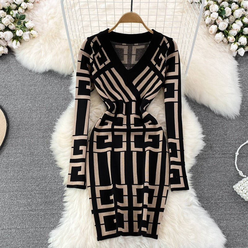 Fancy Women Dress Vintage Knitted Wrap Hips Short Dress Elegant Office Ladies Dresses
