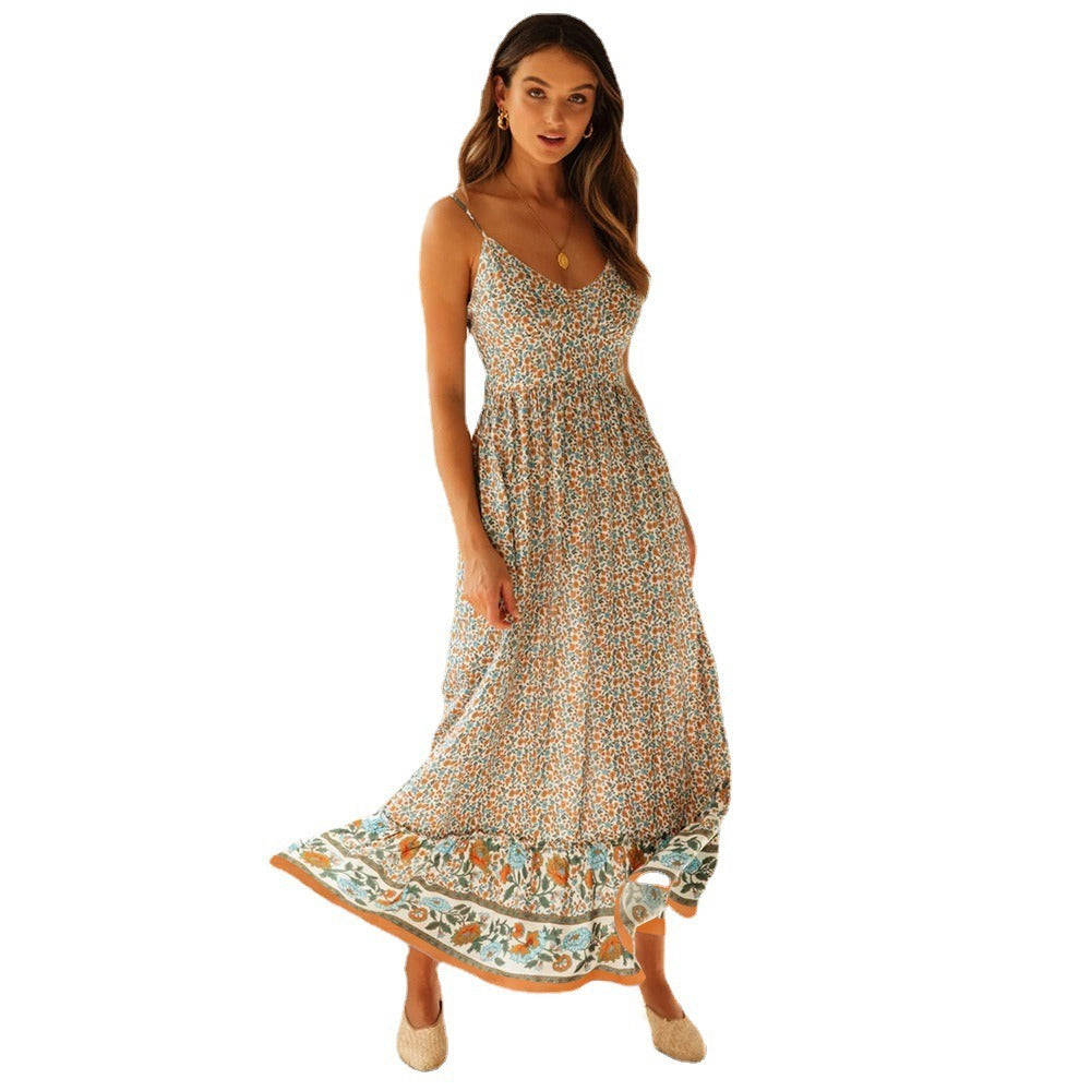 Summer Maxi Boho Dress Women Elegant Floral Dress Ladies Flower V-neck Sleeveless Strap Holiday Bohemian Dress