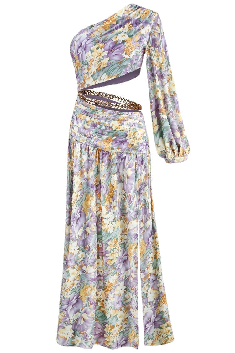 Women's Sloping Shoulder Sexy Navel Floral Skirt Temperament Ladies Irregular Swing Dress