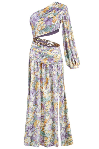 Women's Sloping Shoulder Sexy Navel Floral Skirt Temperament Ladies Irregular Swing Dress
