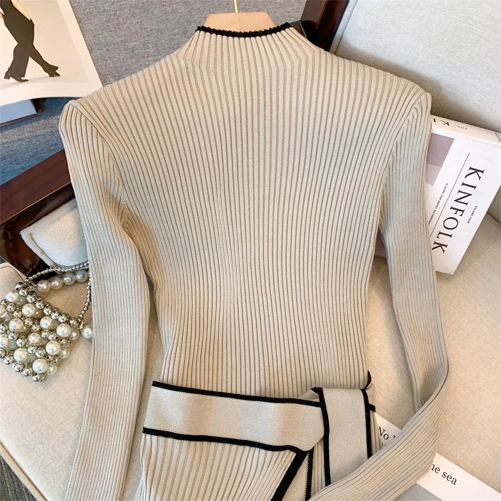 Korean Elegant Knitted Women Dress Full Sleeve O-neck Belted Sweater Dresses Solid Chic Warm Fashion Ladies Vestidos