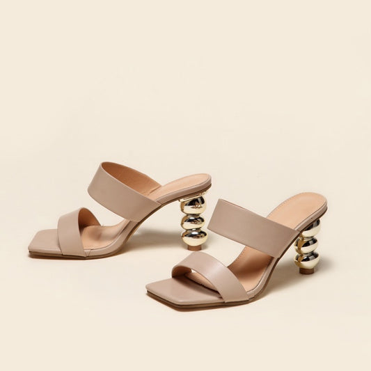 New Design Metal Strange High Heels Summer Women Slipper Elegant Square Toe Slip-On Sliders Shoes Ladies Sandals Size 42