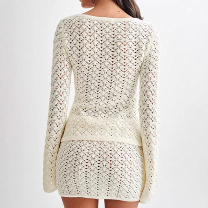 Long Sleeve Cardigan with A-Line Skirt Two-Piece Sweater Set
