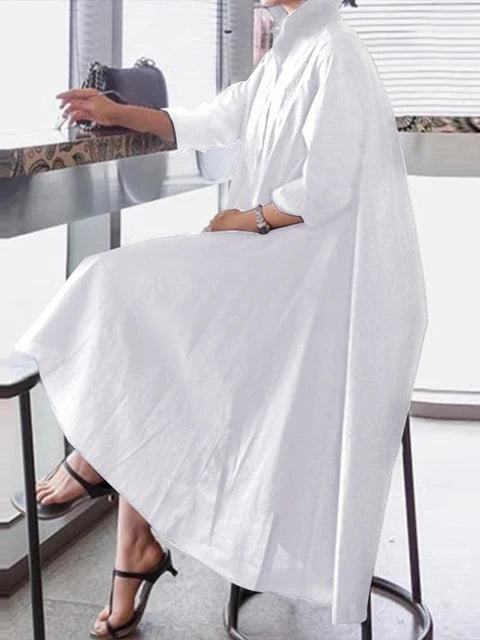 White Dress Women Sexy Turn-down Collar Asymmetrical Party Dress Office Ladies Sundress Casual Vestido  Robe