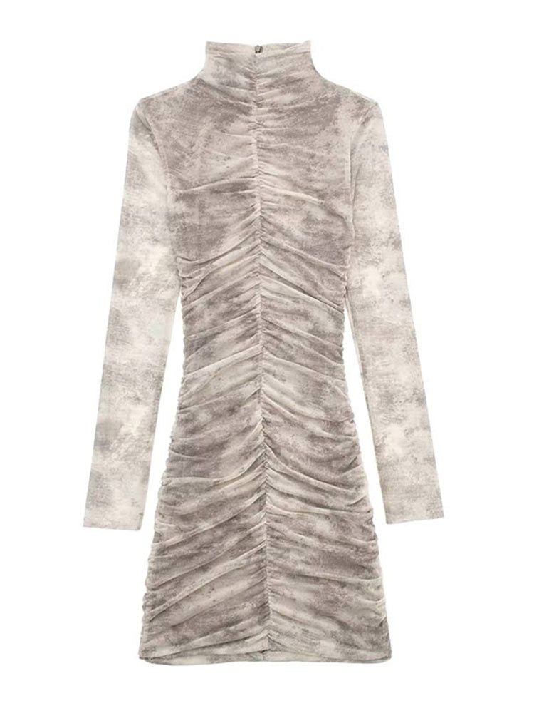 Women Elegant Pleated Tulle Print Dress 2023 Spring Street Slim Long Sleeve Dresses Fashion Office Ladies Back Zipper Vestidos