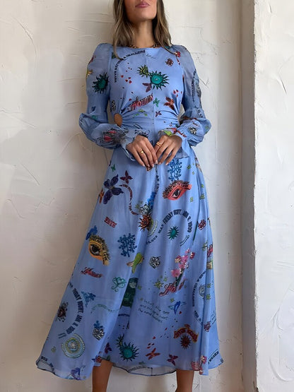 New Spring Summer Women Hollow Out Party Dress Printing Loungewear O-Neck Long Lantern Sleeve Loose Ladies Maxi Dress Streetwear
