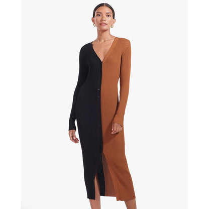 Patchwork V-neck Button Women Dress Black Long Sleeve Single Breasted Dress Ladies Autumn SKinny Fashion Streetwear