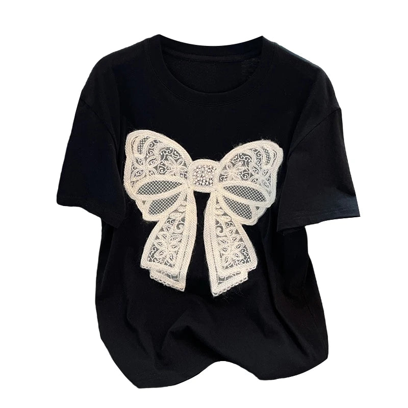 Summer Stylish Loose T-shirt Tees Women Bow Fashion Elegant Chic Ladies Tops Black Short Sleeve O-neck Tshirts Y2k Tops