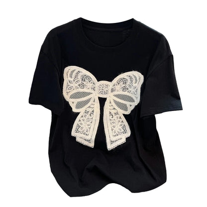 Summer Stylish Loose T-shirt Tees Women Bow Fashion Elegant Chic Ladies Tops Black Short Sleeve O-neck Tshirts Y2k Tops