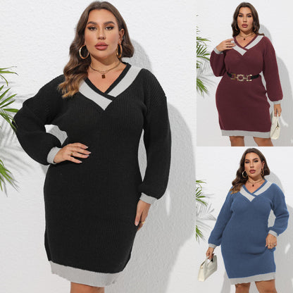 Ladies' Knitted Dress, Plus Size, Woven Knit, V-Neck, Color-block Splicing, Bodycon Silhouette, Sweater Dress
