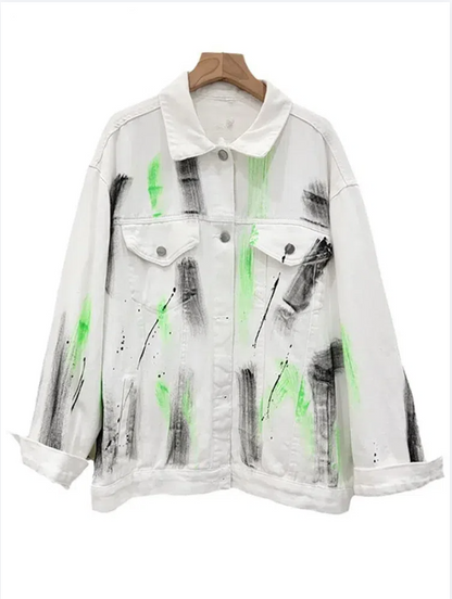 Women's Denim Jackets Single Breasted Lapel Contrast Color Graffiti Ink Splashing Coats Summer New Fashion