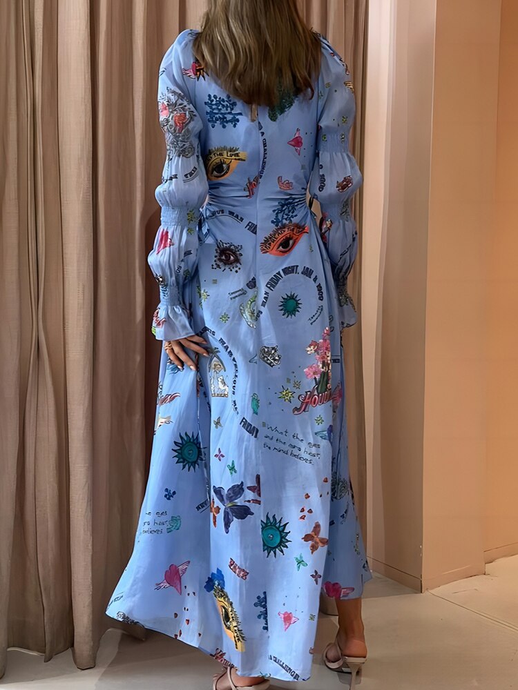 New Spring Summer Women Hollow Out Party Dress Printing Loungewear O-Neck Long Lantern Sleeve Loose Ladies Maxi Dress Streetwear
