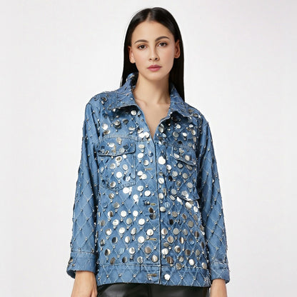 Women's Denim Coat Diamond Shape Rhinestone Sequins Single Breasted Do Old Blue Jackets  Summer New Fashion