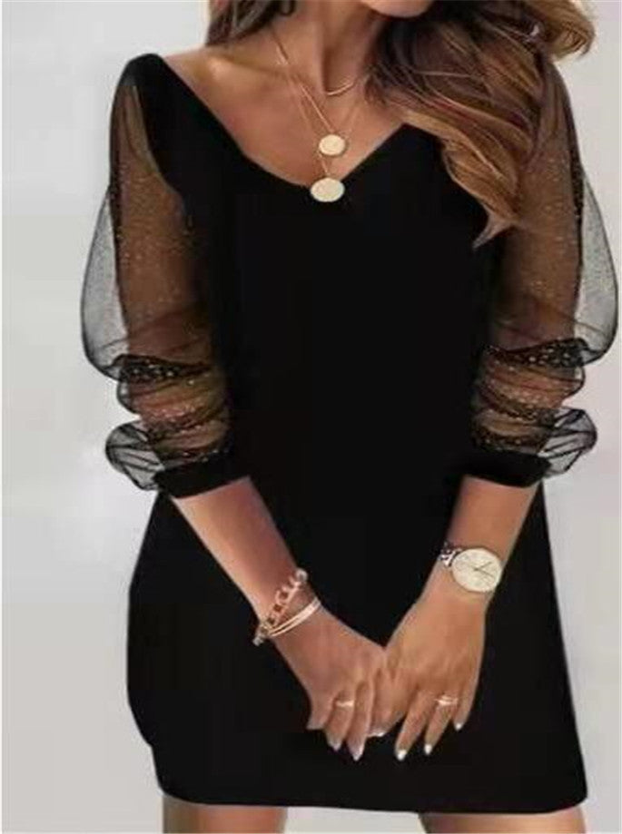 Sequined See Through Mesh Printing Stitching Ladies Dress Sexy Short Skirt