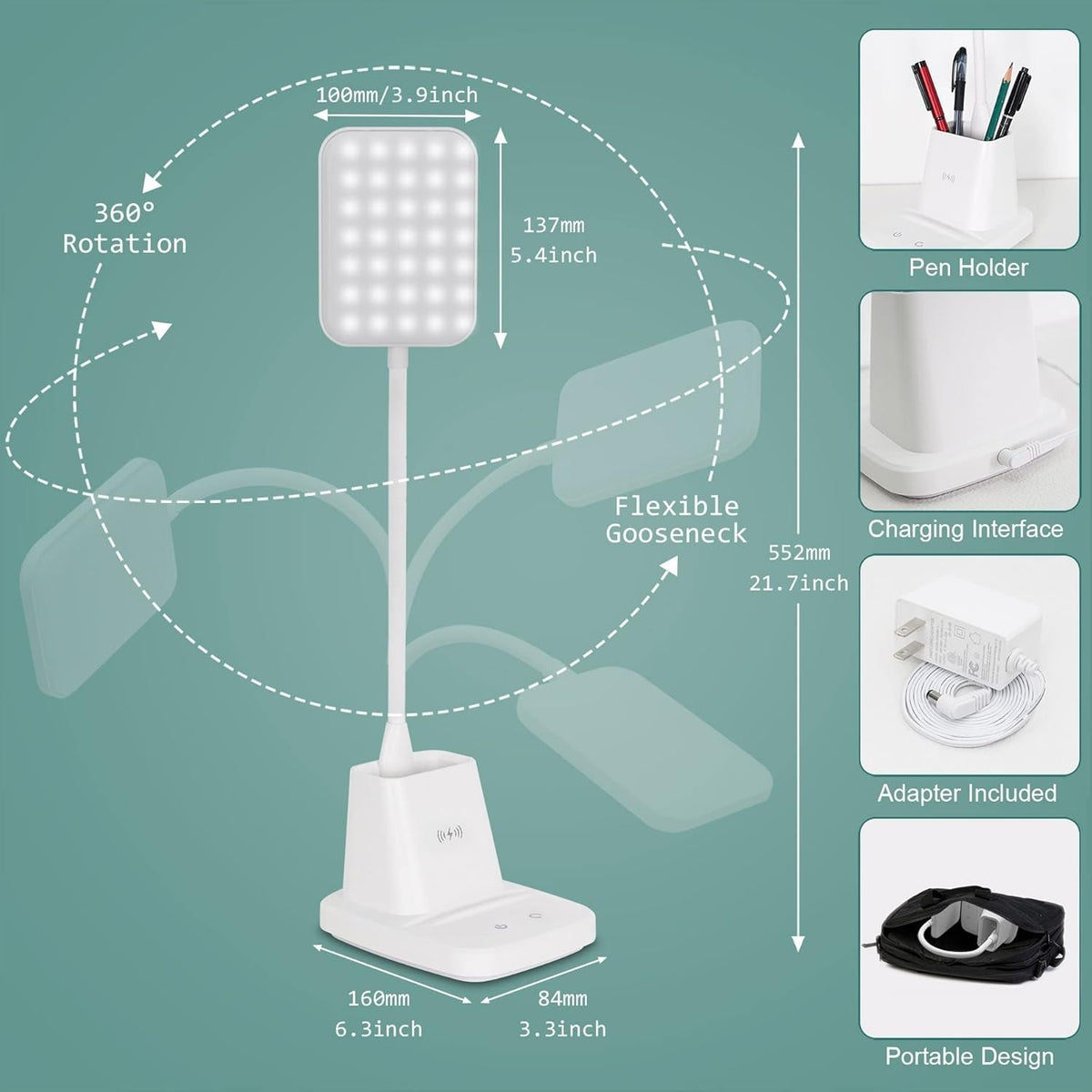 LED Desk Lamp With Wireless Charger White 800 Lumen